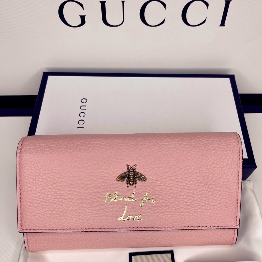 GUCCI Animalier Queen Bee Blind For Love Pink Leather Continental Flap Wallet